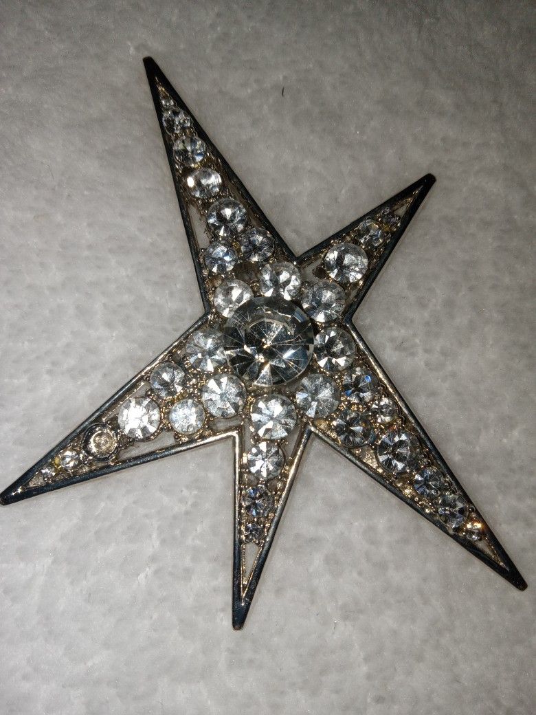 STAR MID CENTURY MOD VINTAGE RHINESTONE BROOCH PIN JEWELRY CHUNKY Silver