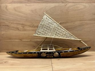 Vintage Suva Fiji Carved Wood Drua Camakau Outrigger Sailing Canoe 26” Model