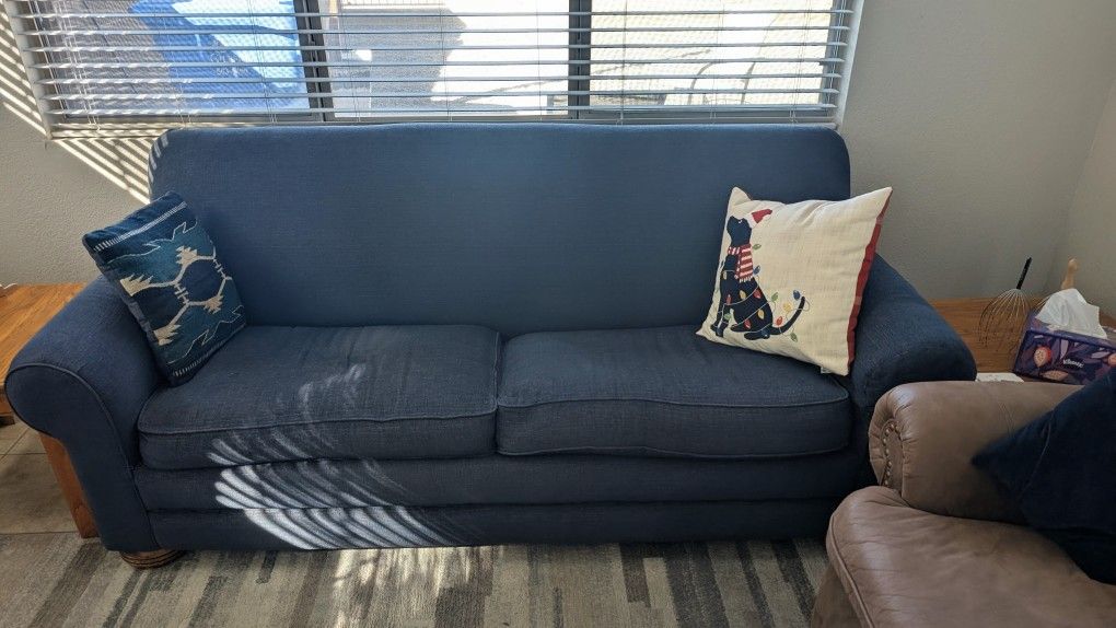 Blue Pull-Out Bed Couch with Mattress – (Quick Sale OBO)