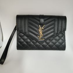 Authentic Saint Lauren YSL Black Quilted Envelope Chain Wallet /Crossbody Bag With Gold Hardware , Entrupy Certified