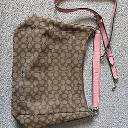 Coach F58327 Celeste Khaki & Pink Canvas & Leather Convertible Hobo Crossbody