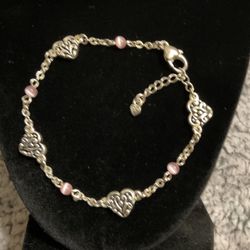 Silver Heart Bracelet With Pink Beads..adjustable 