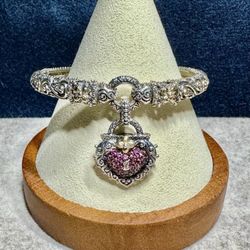 FREE SHIPPING! Barbara Bixby 925 Silver Bracelet 7” & Pink Tourmaline Heart Charm Lot 373