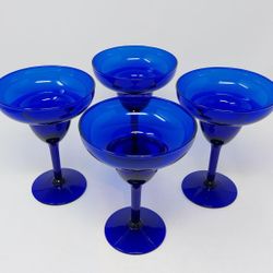 Vintage Set Of 6  Cobalt Blue Margarita Glasses Barware Cup Glass