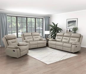 Beige chenille fabric fully reclining 3 piece couch set