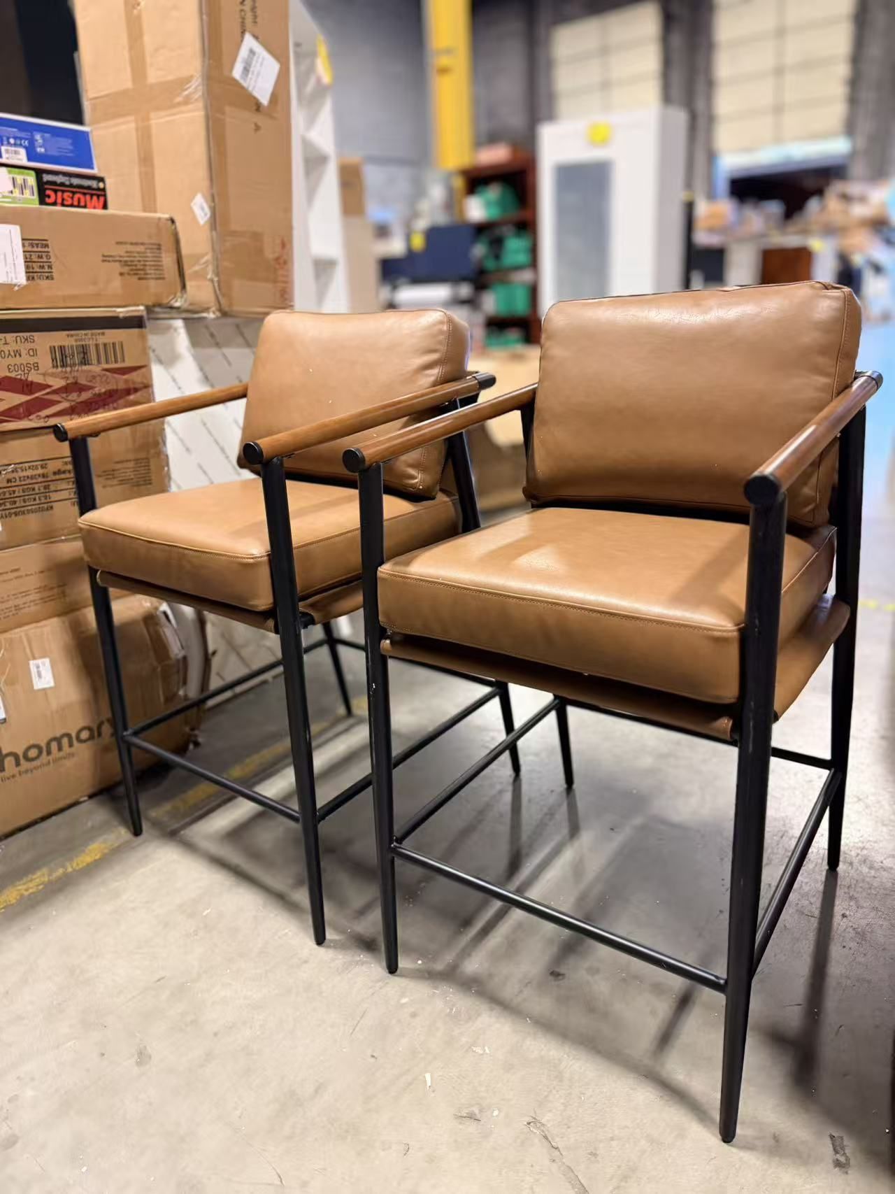 Bar Stools with Wood Armrests and Metal Legs, Faux Leather in Saddle Brown set of 2 $200 