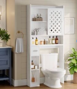Over The Toilet Storage Cabinet with Adjustable Shelves and Toilet Paper Bin White Barn Door Design for Bathroom and Laundry Room