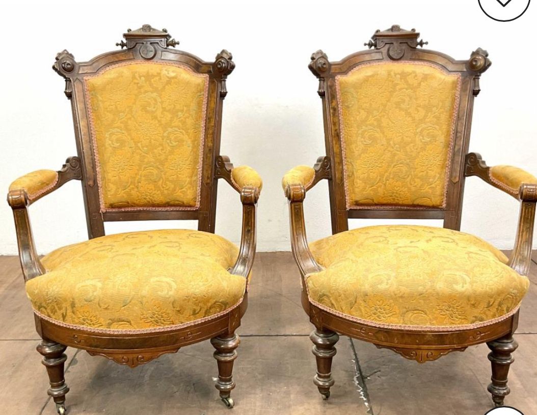 Pair Antique Victorian Eastlake Walnut Armchairs  