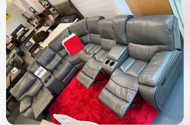 Memorial Day sale. Madrid gray leather reclining sectional only $1399. Easy finance option. Same-day delivery.