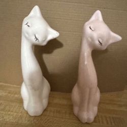 Antique Pair Porcelain Tilted Head UCGC Taiwan White Pink Kitty Cat Figurines Vintage 1980s