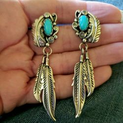 Vintage LONG Turquoise Sterling Silver Feather Earrings 2.75"