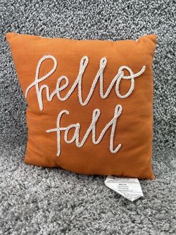 Embroidered Hello Fall Orange And Cream Color Pillow 12"x 12" Home Decor
