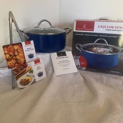 Emeril Lagasse 4.5 Qt Quart Ceramic Nonstick Low Stockpot Pot & Lid - Blue - NEW