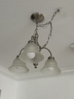 Light Satin Nickel Hanging Chandelier with 3 Frosted Glass Shade and 3 Sets of Bathroom Vanity Lights Plus Oval Mirror