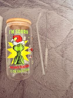 Grinch Christmas Glass Cup with Bamboo Lid and Straw