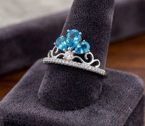 925 Sterling Silver Blue Topaz Tiara Crown Ring size 6&8