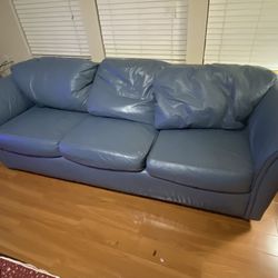 Blue Leather Couch & Recliner Set