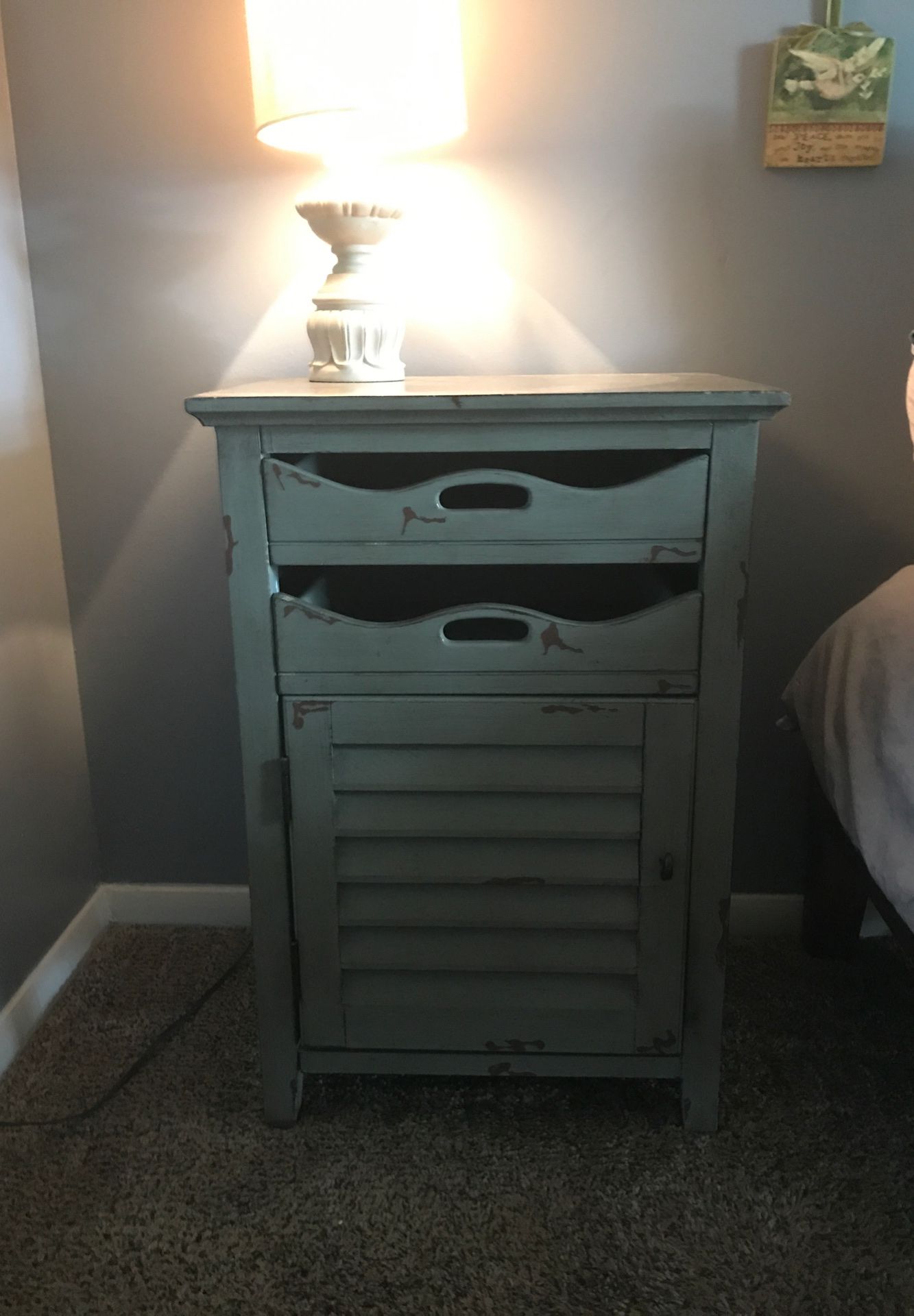 Green Rustic Side Table with drawers and bottom storage