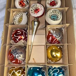 Vtg Shiny Bright? Glass Ornaments GERMAN Indent mica Tree Topper box set X-mas