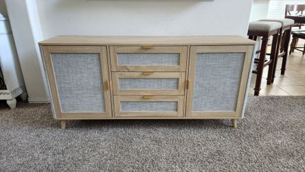 Mid-Century Modern and Rattan Style Wooden Buffet Cabinet Table/Console/Entry Table/Sofa Table/TV Stand with Drawers