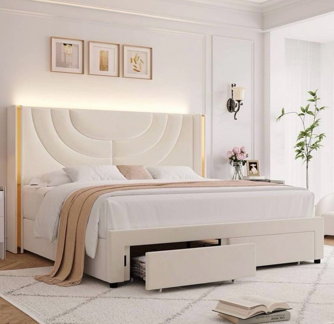 FULL Size Upholstered LED Bed Frame with 2 Storage Drawers, Velvet ...
