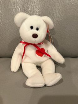 Valentino-White Beanie Baby Bear Plush with Red Heart and Ribbon