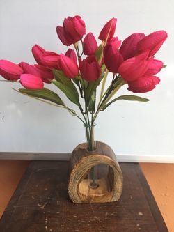 Wood Vase with Red Tulips