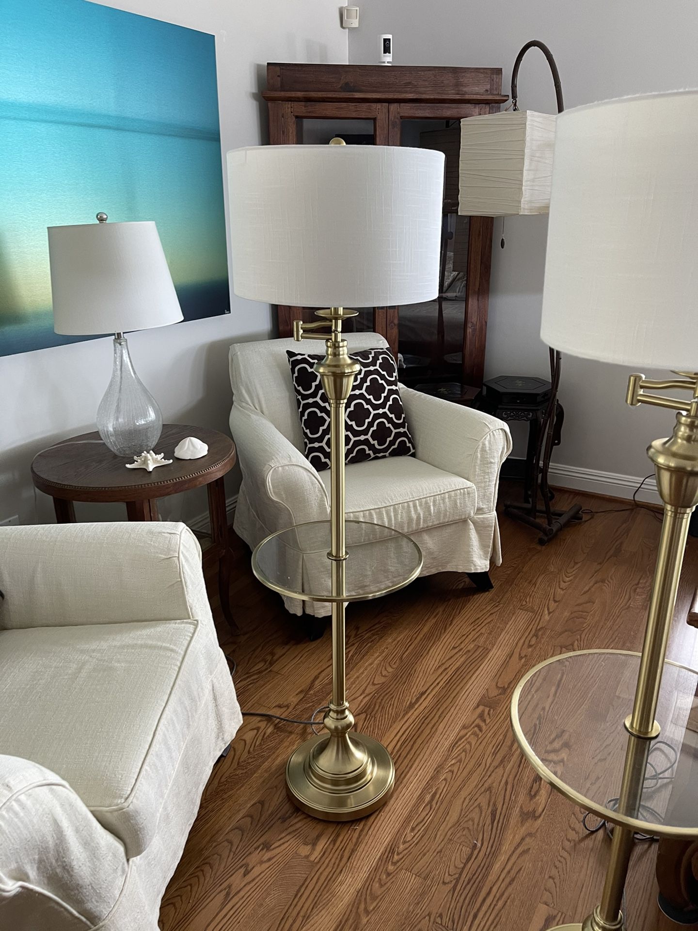 2 Tall Swivel Lamp Stands with Glass Table White Shade /Bronze Great
