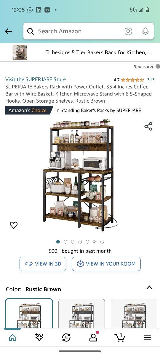 SUPERJARE Bakers Rack with Power Outlet, 35.4 Inches Coffee Bar with Wire Basket, Kitchen Microwave Stand with 6 S-Shaped Hooks, Open Storage Shelves,