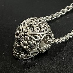 Ornate Flowery Skull Pendant Sterling Silver Necklace 