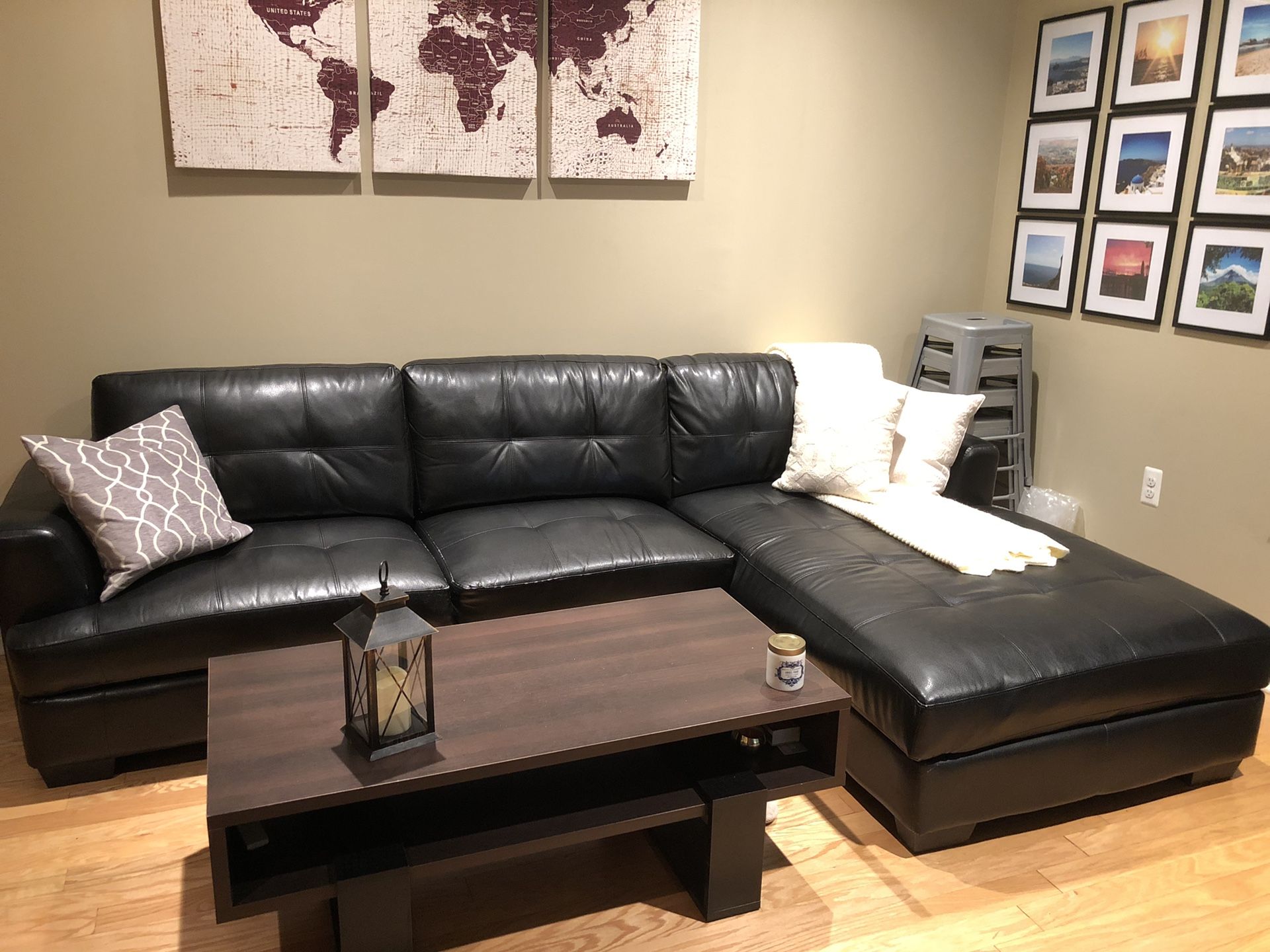 Dobson black leather sectional sofa couch