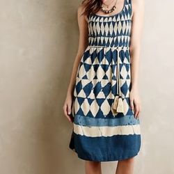 Anthropologie Maeve Castalia Indigo Blue & Cream Tie Dye Smocked MIDI Dress 10