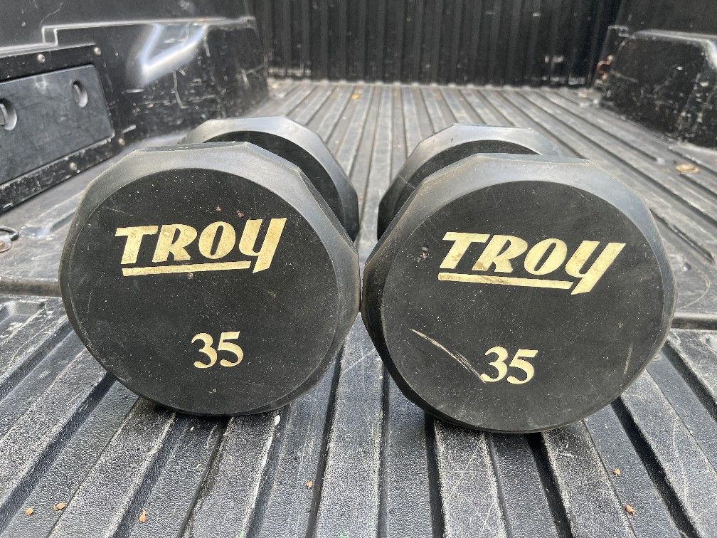 PAIR OF TROY 35 LB. BARBELL 12 SIDED URETHANE RUBBER DUMBBELLS.