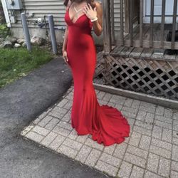 red criss cross mermaid tale prom dress