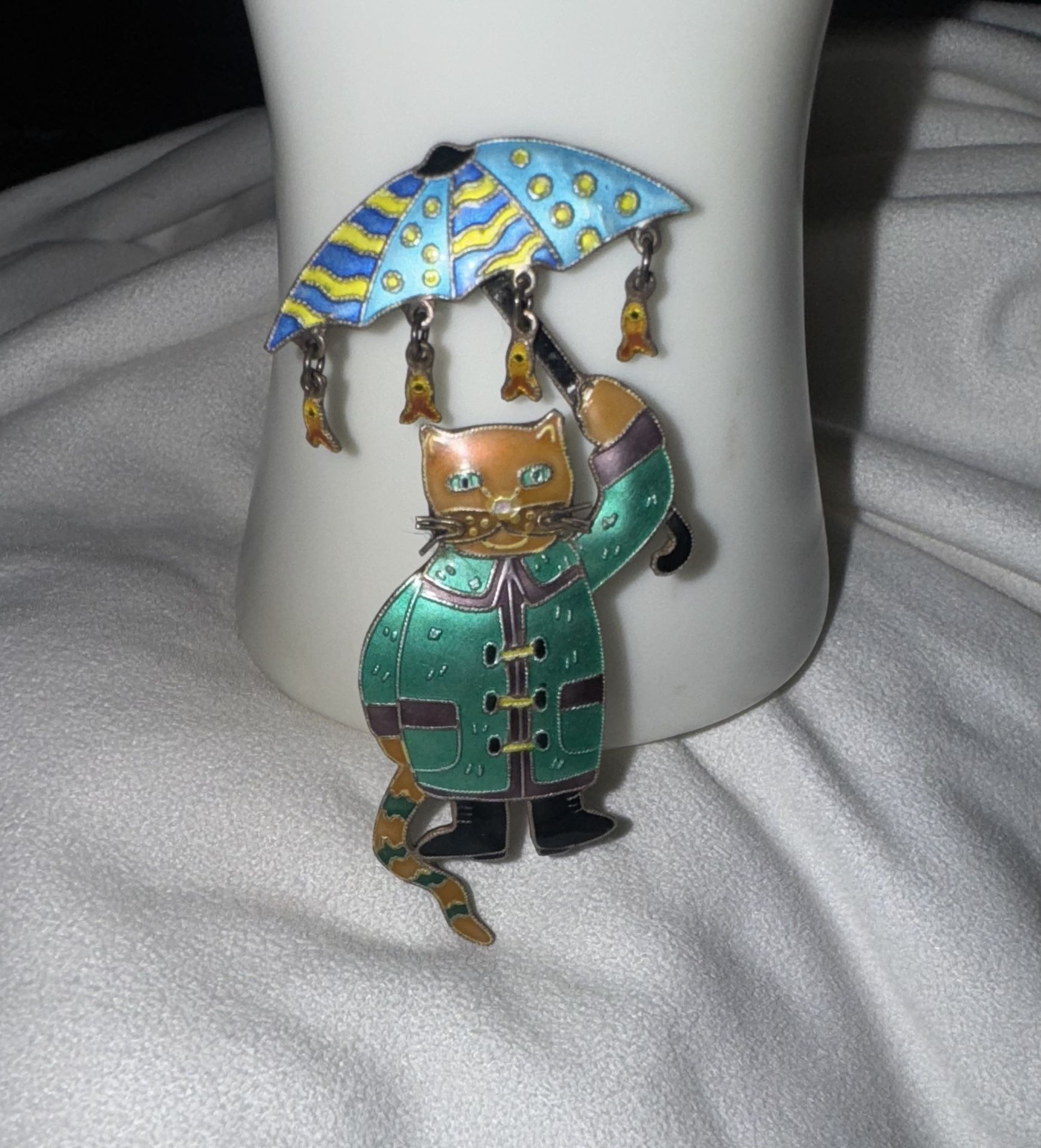 Vintage Zarah Sterling Silver Cloisonne Enamel "Raining Fish Umbrella Cat Brooch" 