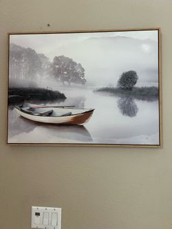 Framed Canvas Art Boat on Foggy Lake 32” x 24”