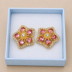 Gold-Toned Pink Crystal Flower Stud Earrings