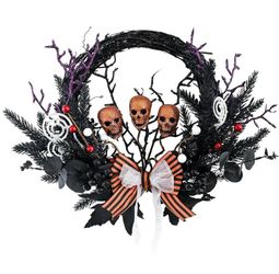 Large Black Halloween Skull Wreaths - 20 Inch Spooky Grapevine Wreath with Bow Skeleton Decorations Gift for Indoor Outdoor Window Wall Festival Party