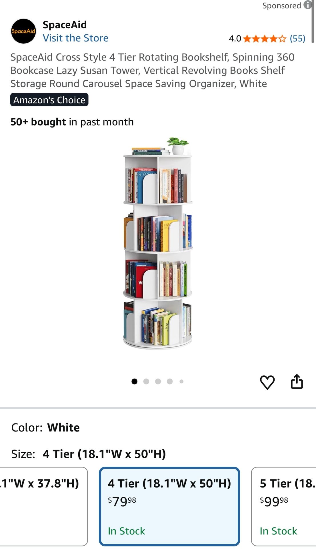 SpaceAid Cross Style 4 Tier Rotating Bookshelf, Spinning 360 Bookcase Lazy Susan Tower, Vertical Revolving Books Shelf Storage Round Carousel Space Sa