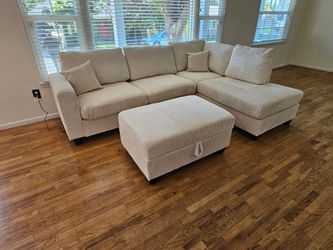 Brand New Sectional Corduroy Beige With Storage Ottoman $599