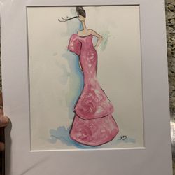 Large Watercolor Of Woman In Her Pink Dress Posing, Wide White Matt, Can Be Framed, 11 By 14 Inches, Local Artist