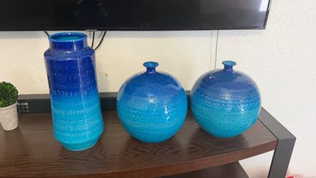 Set of 3 Blue Ceramic Decorative Vases