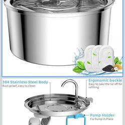 Tomxcute Cat Water Fountain, 3.2L/108oz Automatic Stainless Steel Pet Fountain Dog Water Dispenser, Ultra-Quiet Pump and 3 Replacement Filters & for C
