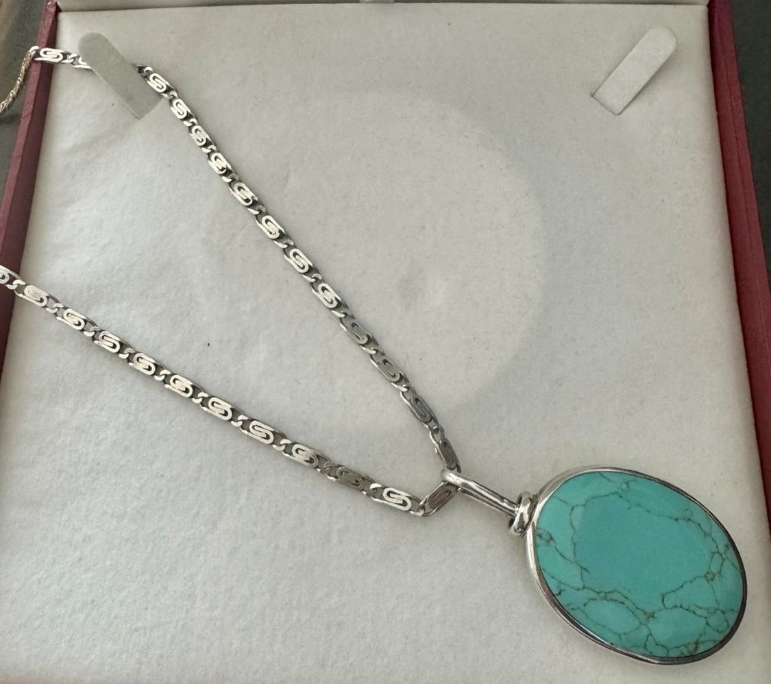 Vintage Sterling Silver 925 Mexico Turquoise 2.25” Pendant with sterling chain