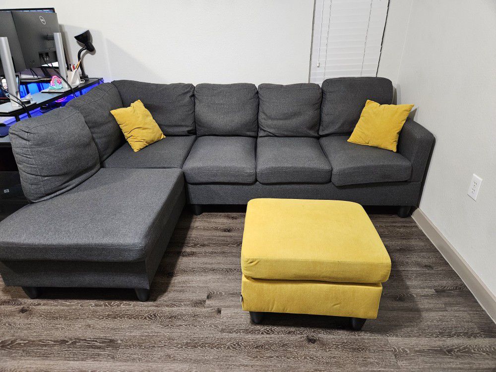 Gray Couch, Yellow Pillows & Ottoman