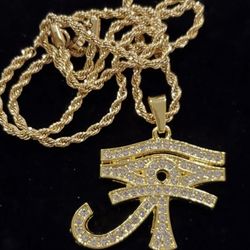 Gold Plated Eye of Horus African Iced Out Wealth Pendant Necklace