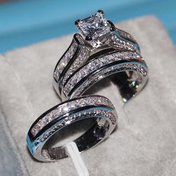 "3Pcs/Set of Princess Cut Engagement/Wedding Silver Ring for Women, VIP046
  