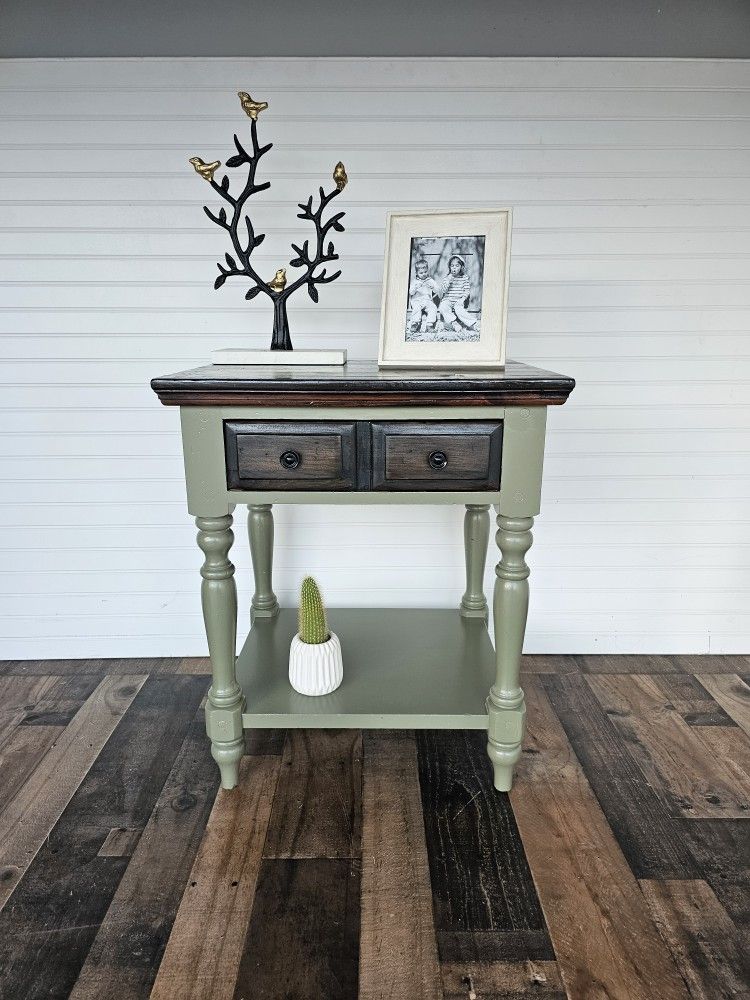 Vintage End tablet KINCAID. Upgraded With New Paint Green Sage Semi Gloss & Stain