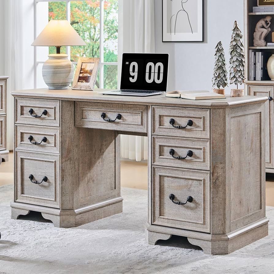 59" Farmhouse Executive Desk with Drawers,Wood Home Office Computer Desk, Featuring Keyboard Tray,Charging Station,File Drawer, Storage Cabinet,for Wo