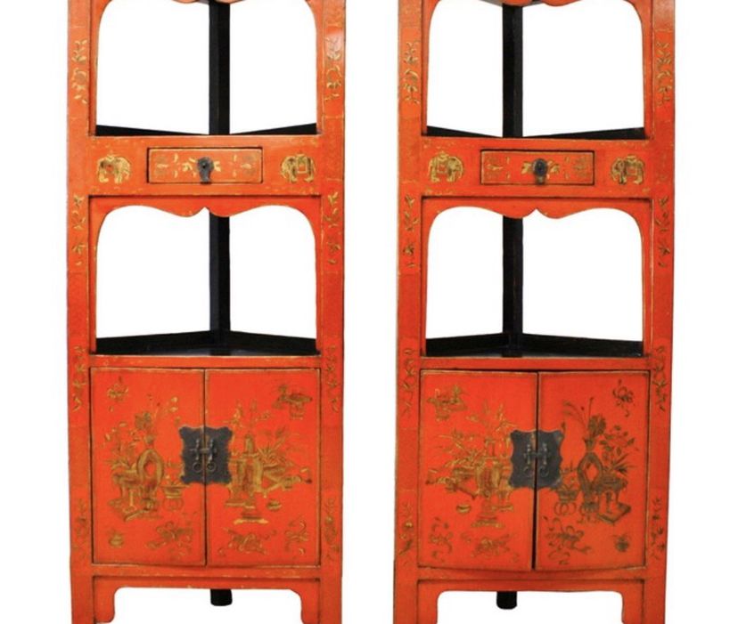 Antique Handmade Wooden Red Corner Cabinets